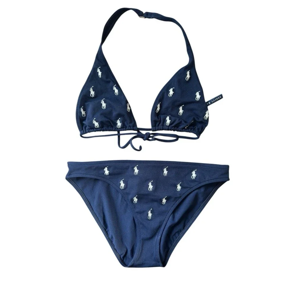 Vintage Polo Ralph Lauren Bikini Medium Navy Blue Embroidered White Pony 90s